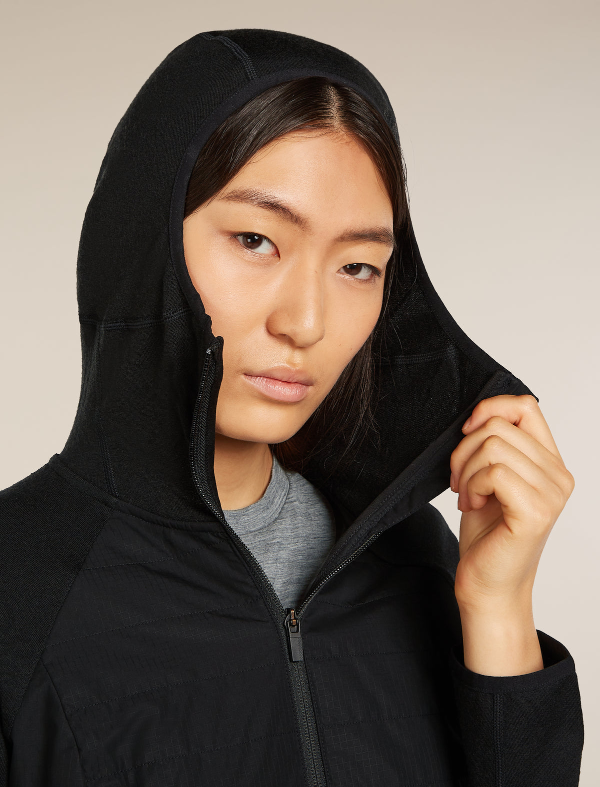Women's Merino Blend Quantum Hybrid Long Sleeve Zip Hoodie Black - 6